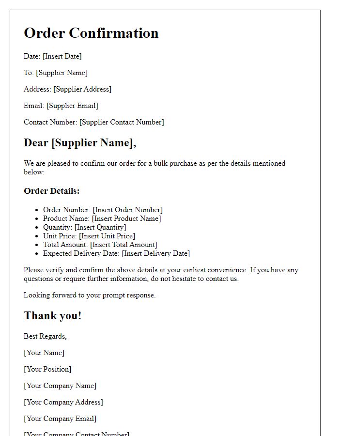 Letter template of Supplier Order Confirmation for Bulk Purchase