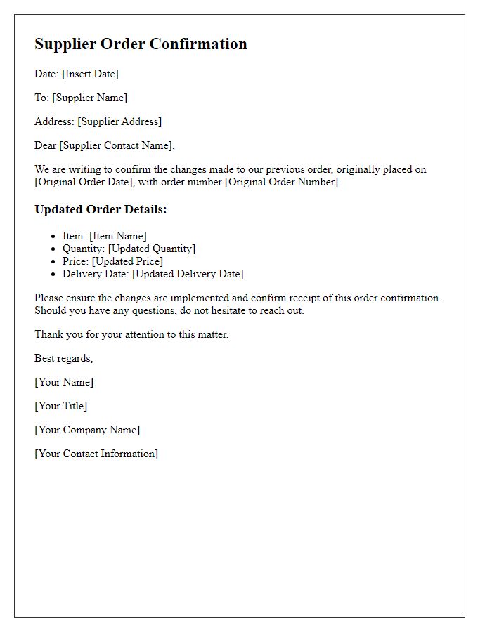 Letter template of Supplier Order Confirmation for Change in Order Details