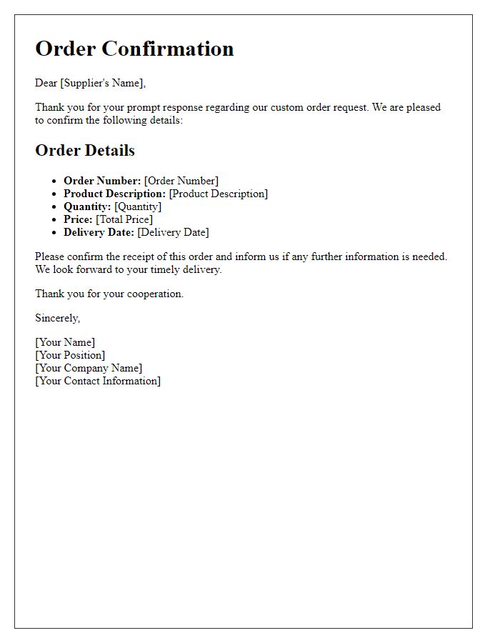 Letter template of Supplier Order Confirmation for Custom Orders