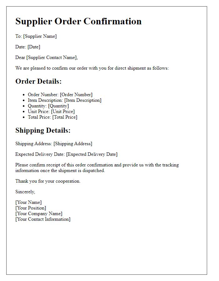 Letter template of Supplier Order Confirmation for Direct Shipment