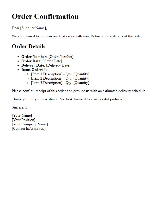 Letter template of Supplier Order Confirmation for First-Time Order