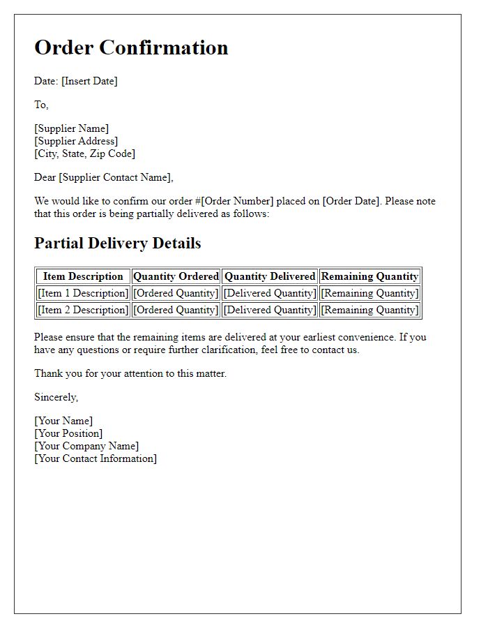 Letter template of Supplier Order Confirmation for Partial Delivery