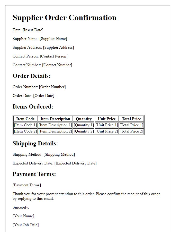 Letter template of Supplier Order Confirmation for Repeat Orders