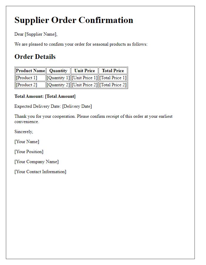 Letter template of Supplier Order Confirmation for Seasonal Products