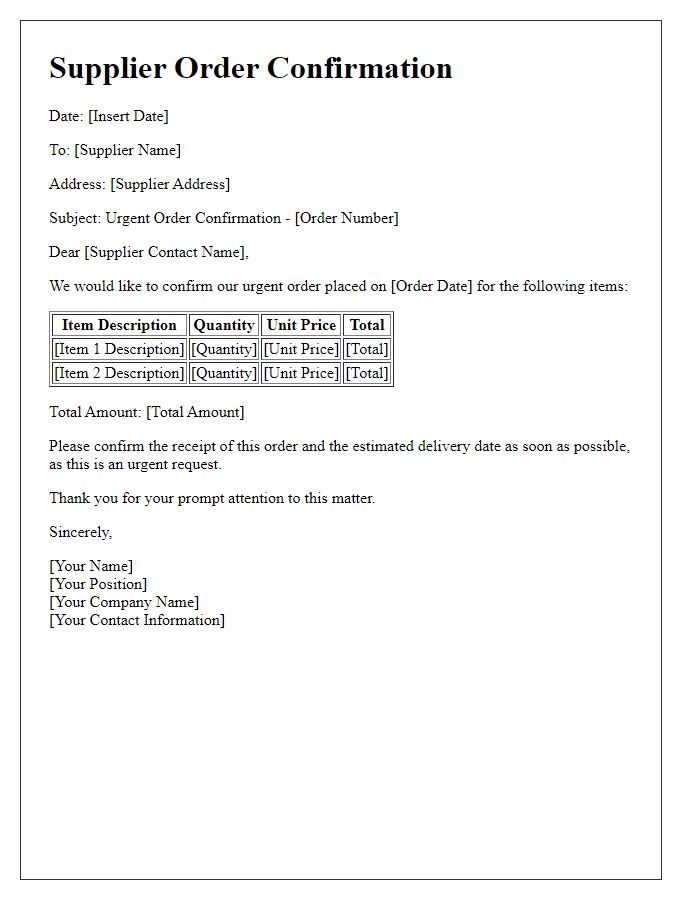 Letter template of Supplier Order Confirmation for Urgent Requests