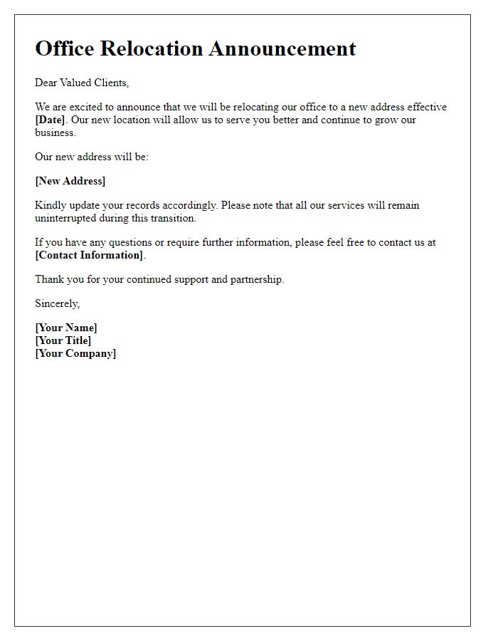 Letter template of office relocation announcement for valued clients