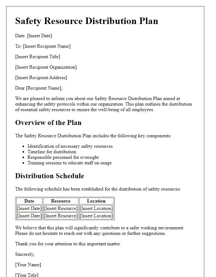 Letter template of safety resource distribution plan