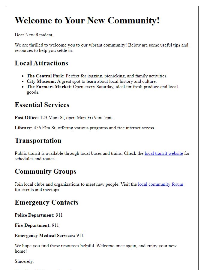 Letter template of local tips and resources for new arrivals