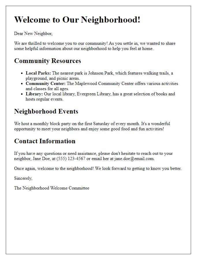 Letter template of neighborhood orientation for newcomers