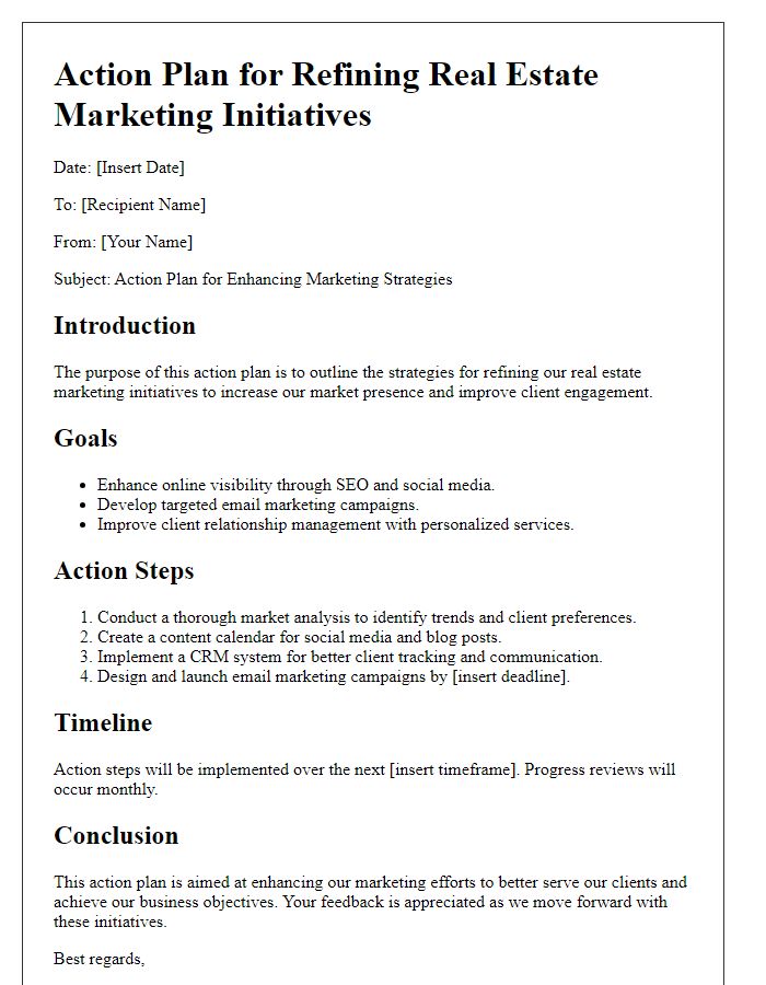 Letter template of an action plan for refining real estate marketing initiatives