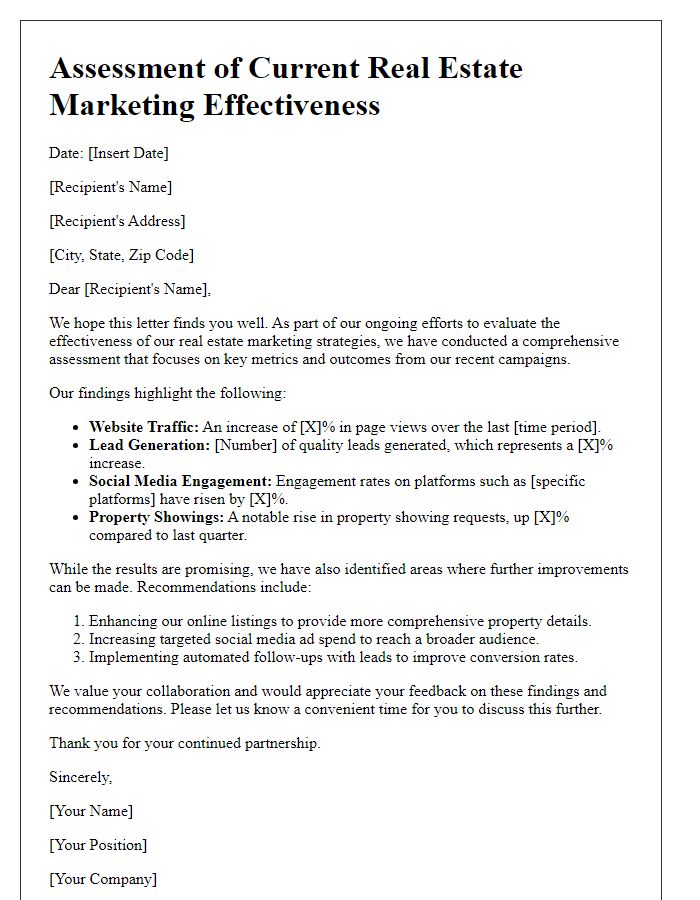 Letter template of an assessment of current real estate marketing effectiveness