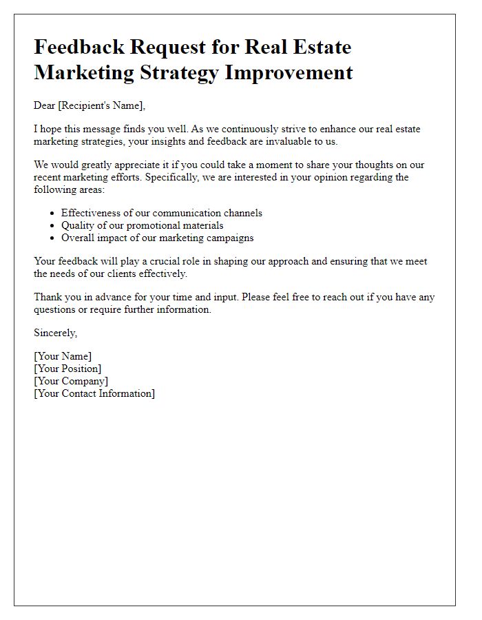 Letter template of a feedback request for real estate marketing strategy improvement