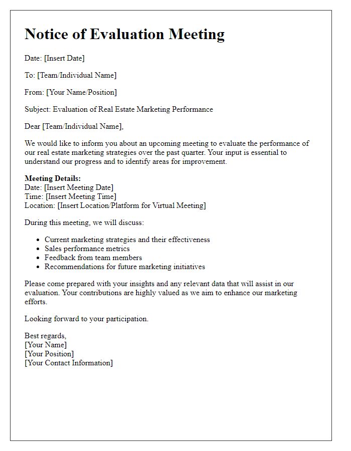 Letter template of a notice for evaluating real estate marketing performance