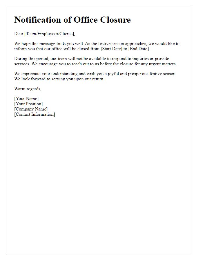 Letter template of festive office closure notification