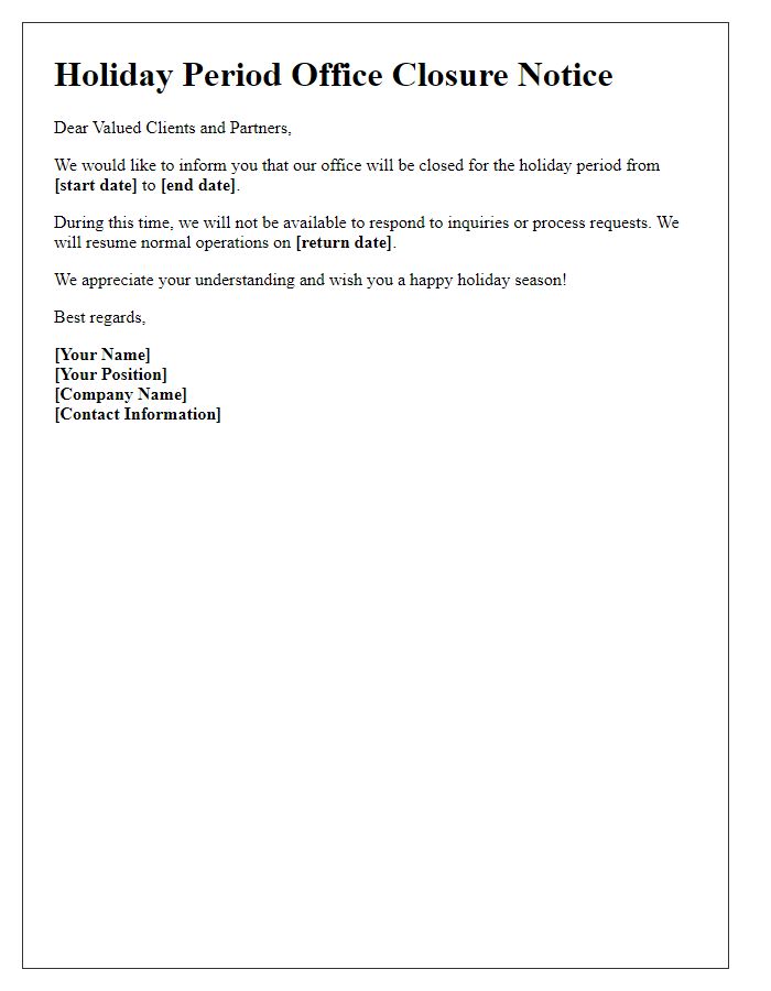 Letter template of holiday period office closure