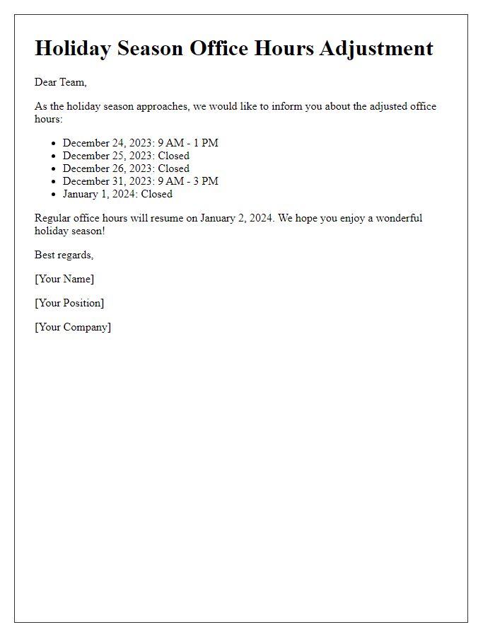Letter template of holiday season office hours adjustment