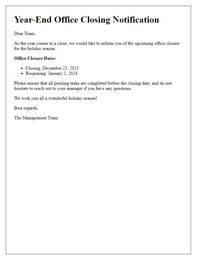 Letter template of year-end office closing details