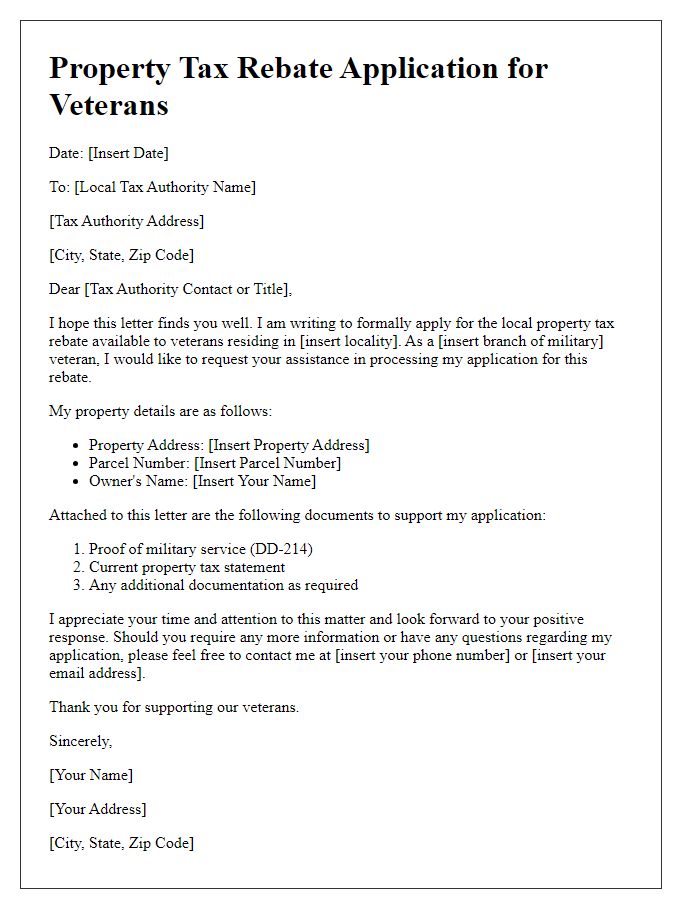 Letter template of local property tax rebate for veterans