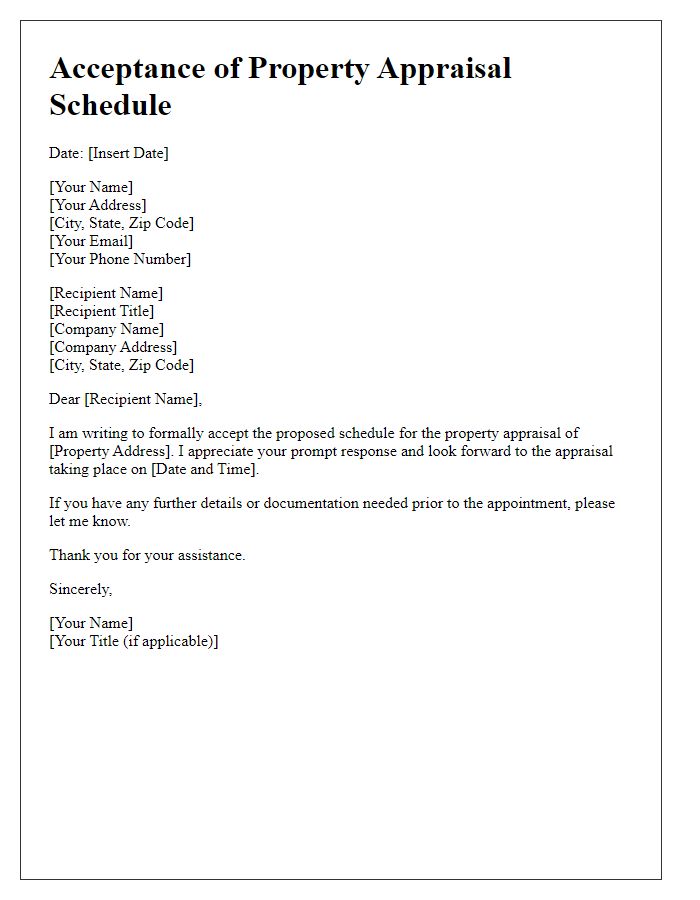 Letter template of acceptance for property appraisal schedule