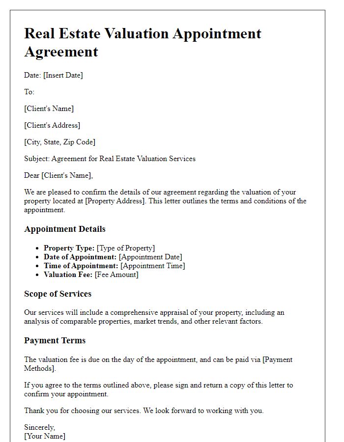 Letter template of agreement for real estate valuation appointment