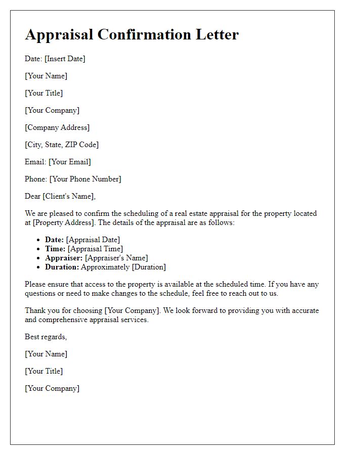 Letter template of confirmation for real estate appraisal scheduling