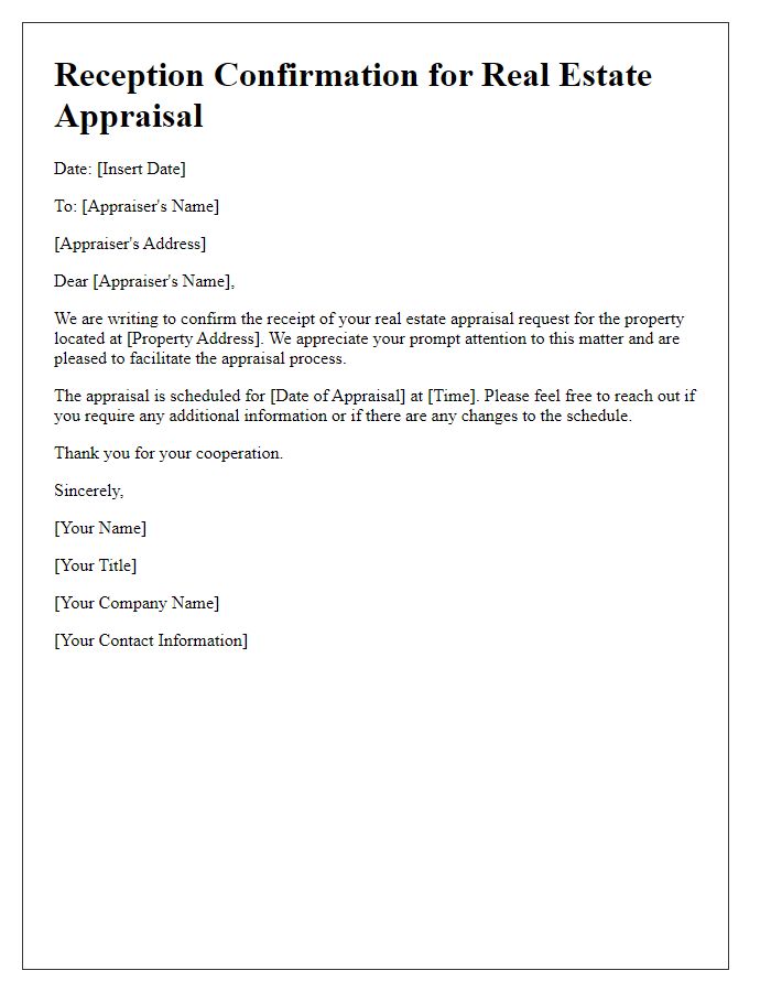 Letter template of reception for real estate appraisal confirmation