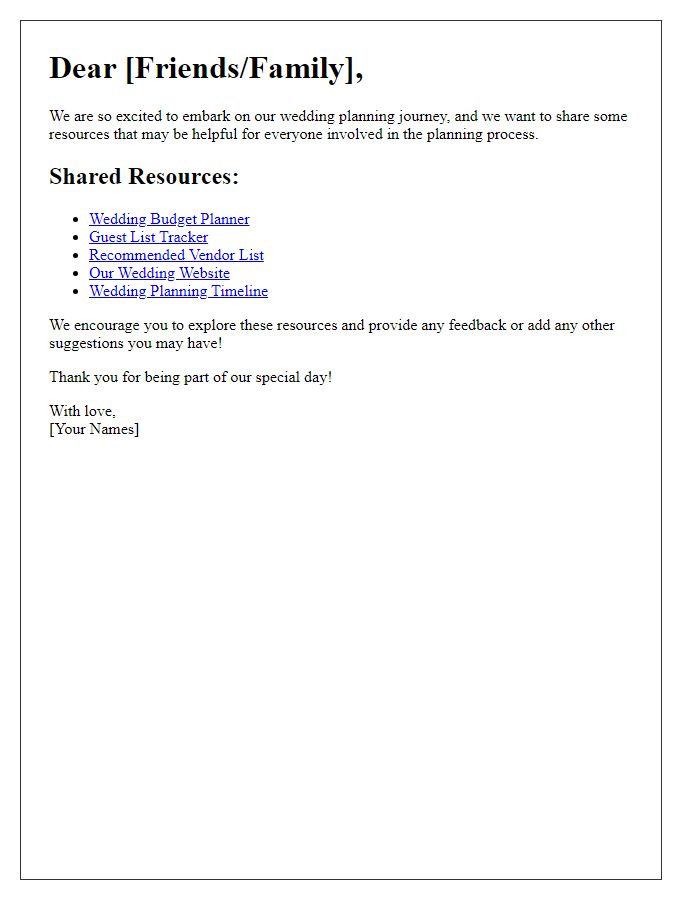 Letter template of shared wedding planning resources