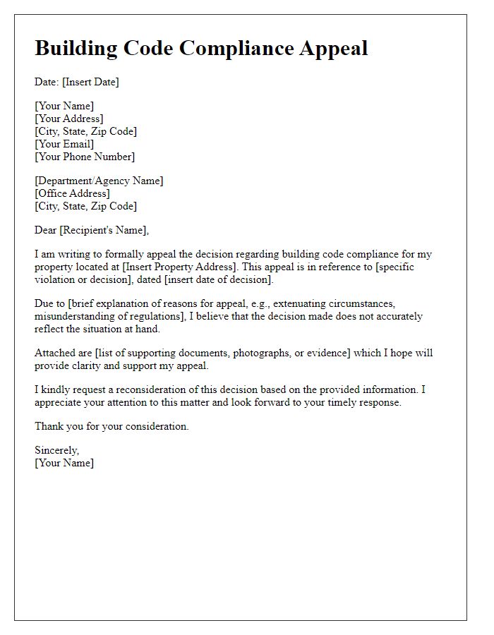 Letter template of building code compliance appeal.