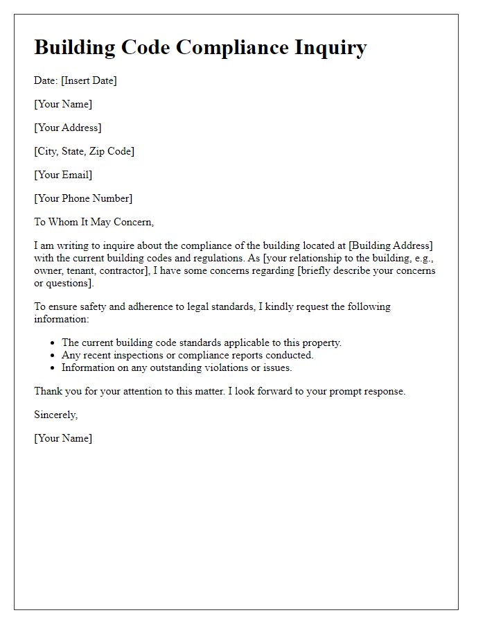 Letter template of building code compliance inquiry.