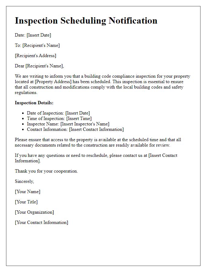 Letter template of building code compliance inspection scheduling.