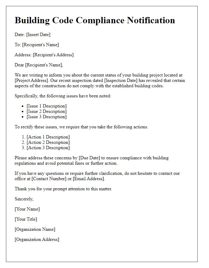Letter template of building code compliance notification.