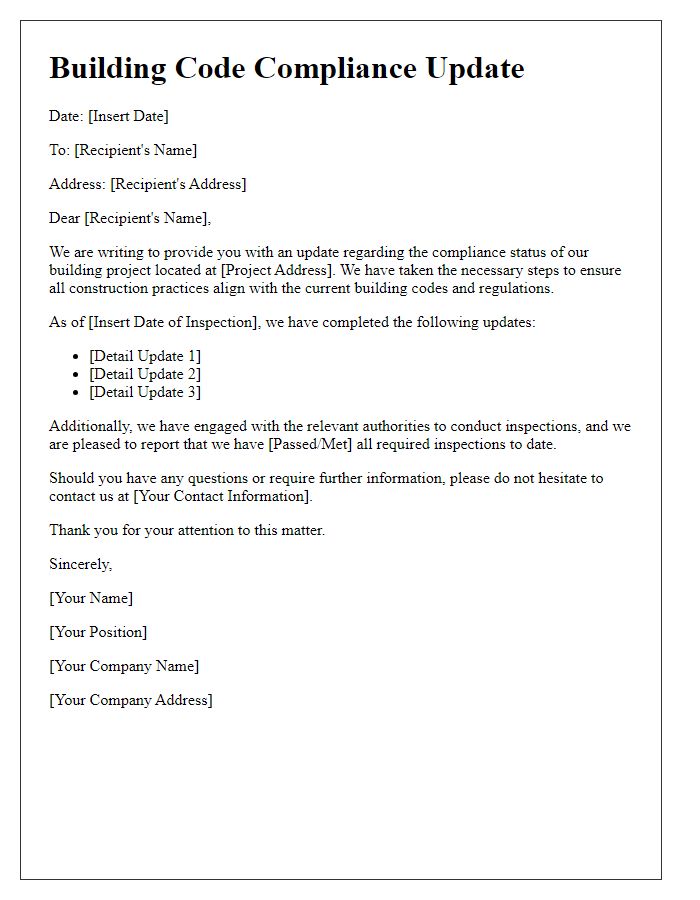 Letter template of building code compliance update.