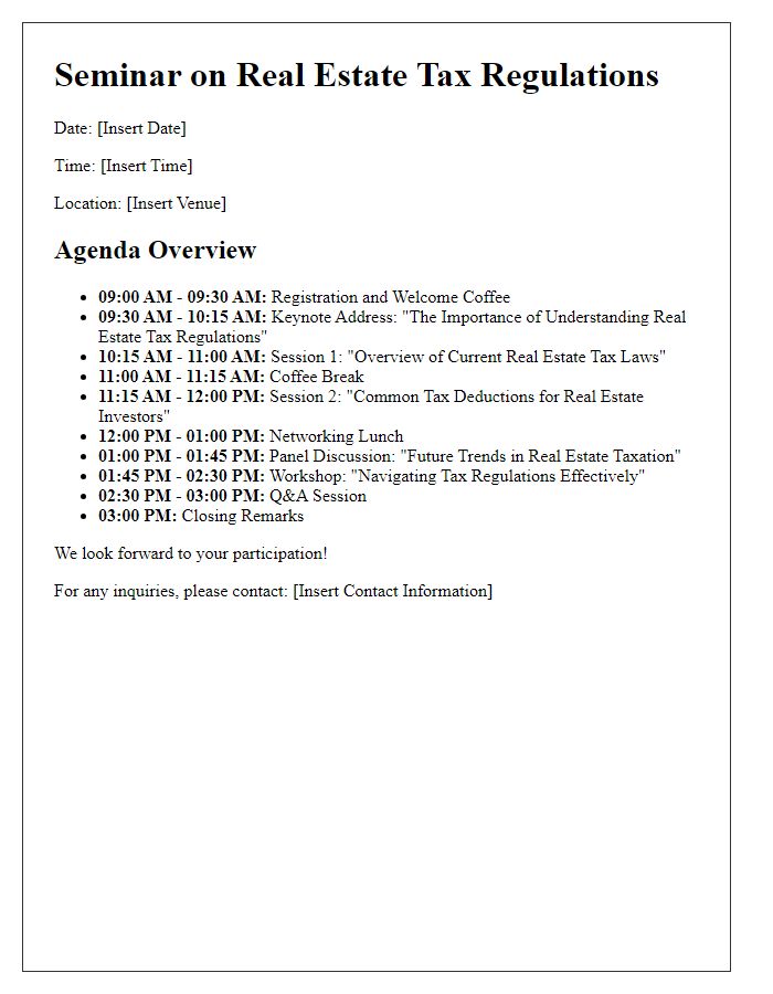 Letter template of agenda overview for the seminar on real estate tax regulations.