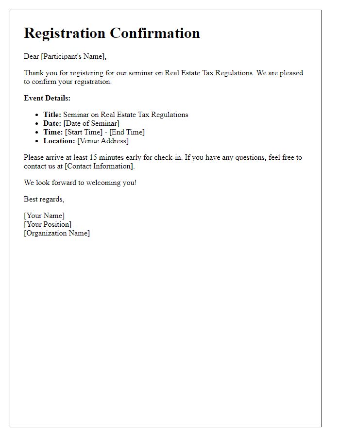 Letter template of registration confirmation for the seminar on real estate tax regulations.