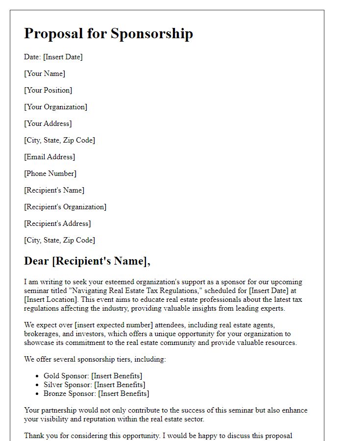 Letter template of sponsorship proposal for the seminar on real estate tax regulations.