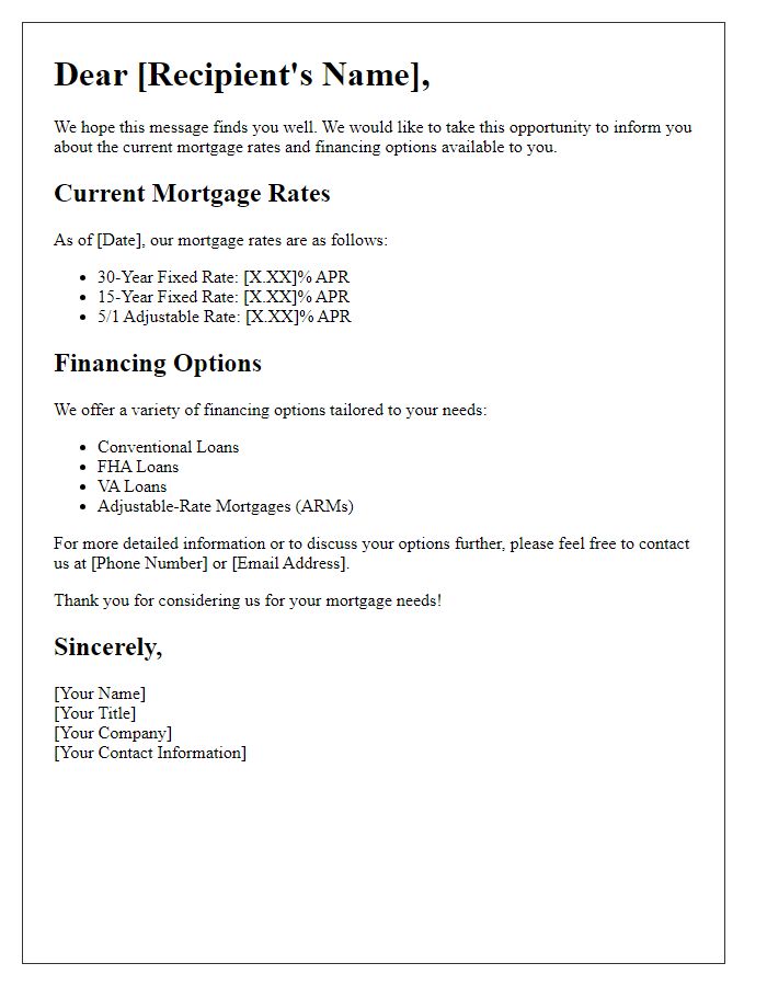 Letter template of mortgage rates and financing options