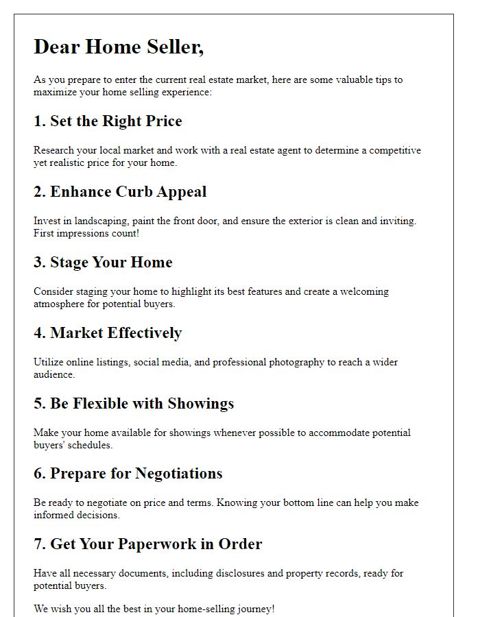 Letter template of tips for home sellers in the current market