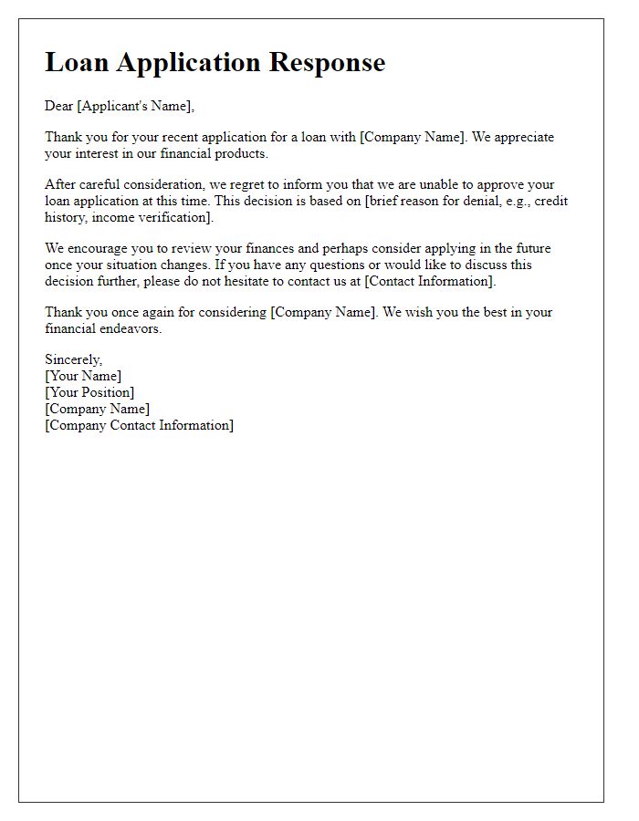 Letter template of unsuccessful loan application response.