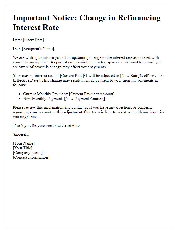 Letter template of refinancing interest rate change information