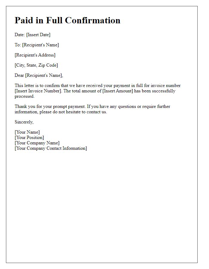 Letter template of Paid in Full Confirmation