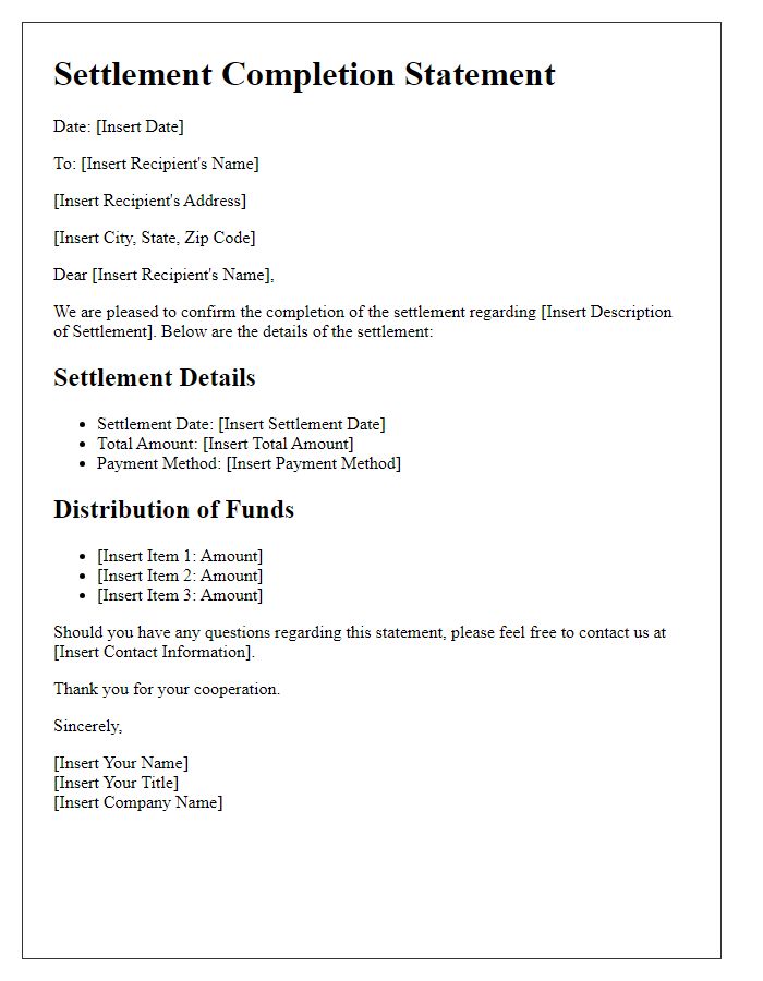 Letter template of Settlement Completion Statement