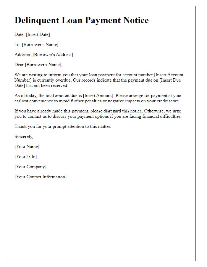 Letter template of delinquent loan payment notice