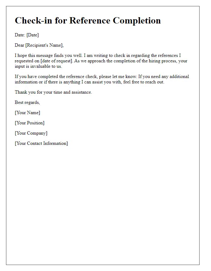 Letter template of check-in for reference completion