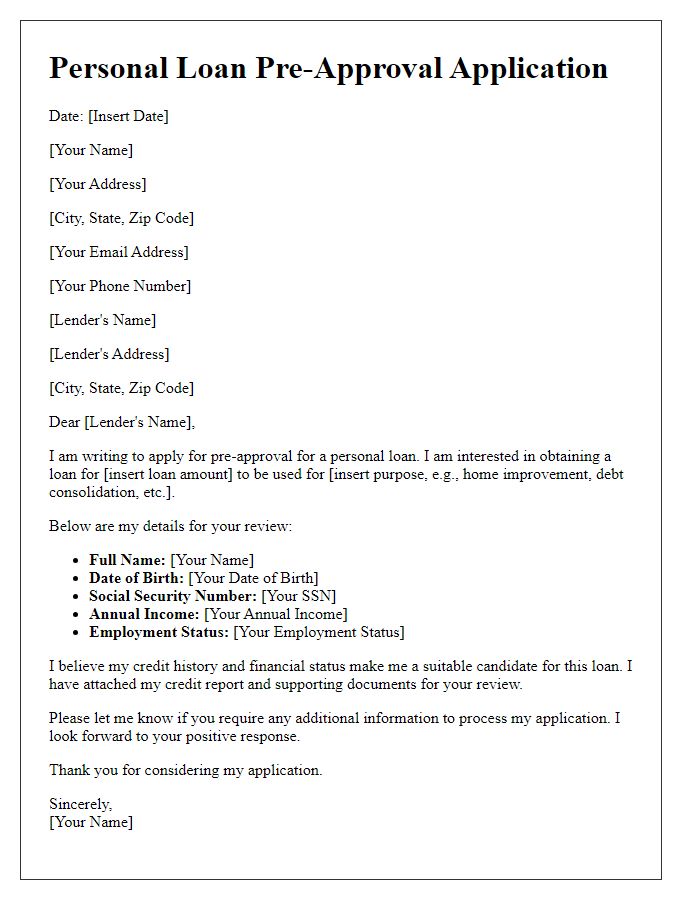 Letter template of personal loan pre-approval application