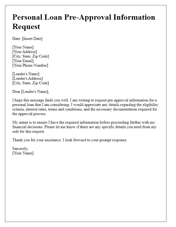 Letter template of personal loan pre-approval information request