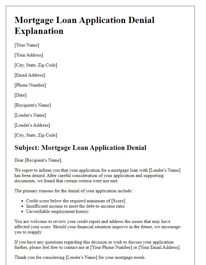 Letter template of mortgage loan application denial explanation