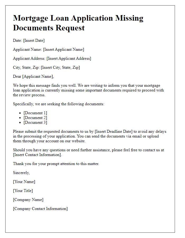 Letter template of mortgage loan application missing documents request