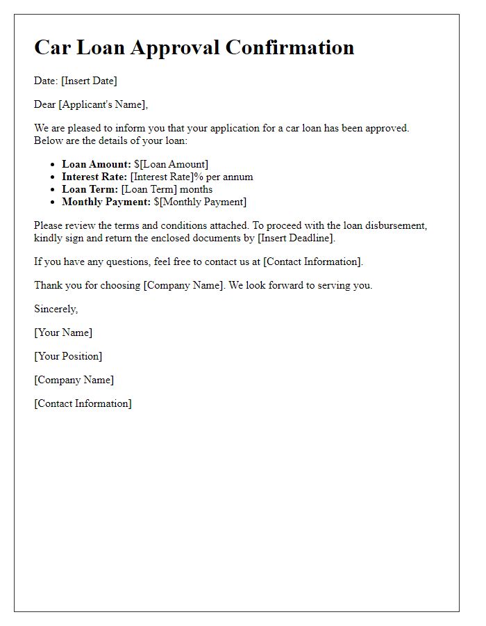 Letter template of car loan approval confirmation