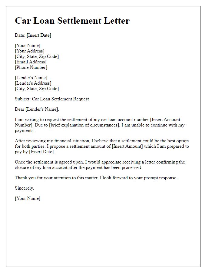 Letter template of car loan settlement letter