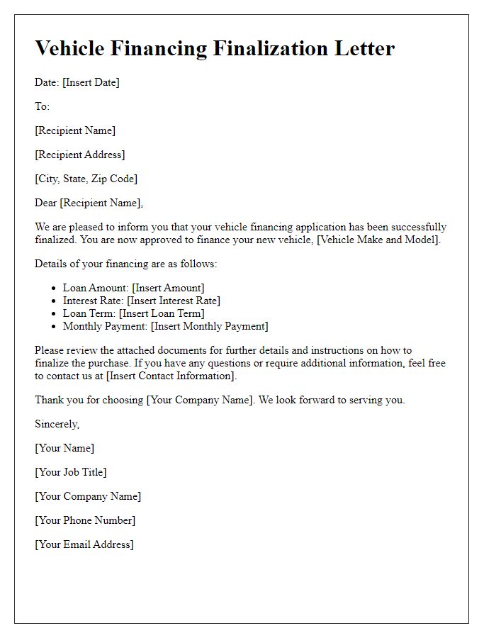 Letter template of vehicle financing finalization